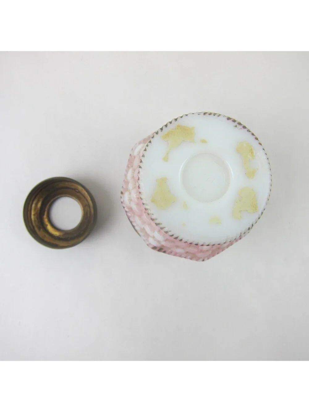 Antique Miniature Oil Lamp Base Pink & White Milk Glass Basket Weave 3